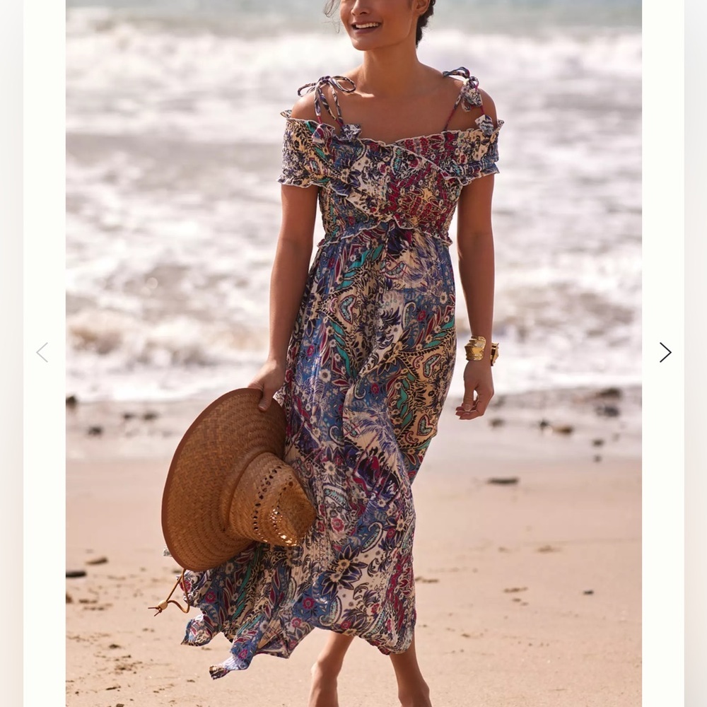 NWT Anthropologie Smocked Gauze Criss-Cross Boho Paisley Print Midi Dress